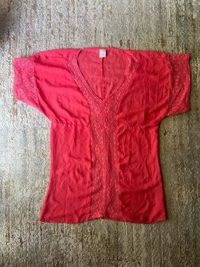 Women’s Coral Lace-Trim V-Neck Swim Cover-Up